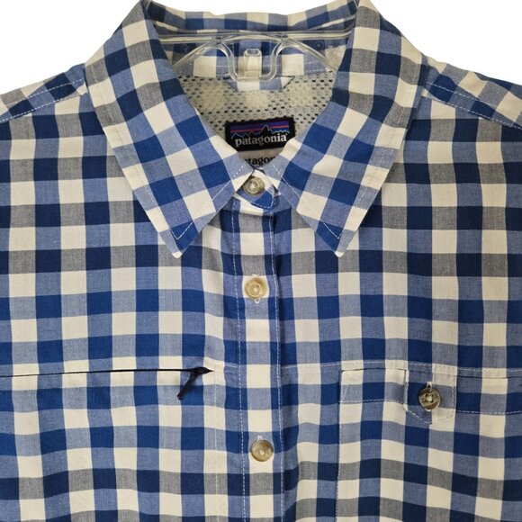 Patagonia Women Organic Cotton Shirt M Blue Black White Check Excellent Cond. - Picture 2 of 6